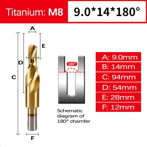 Two Stage Step Drill Bit Set M3 To M12 With Counterbore And Countersink For Stainless Steel Aluminum Copper And Plastics Heavy Duty Pro Grade Bits Deliver Precise Holes And Clean Chamfers M8 180 Degree Included diagram
