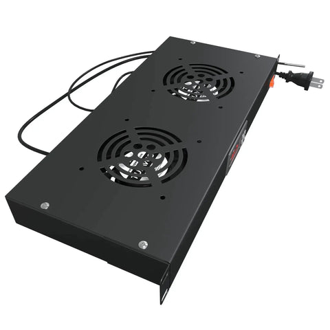 Dual 4-Inch Rack Mount Server Cooling System For 1U 19-Inch Cabinets with black metal casing and adjustable temperature control.