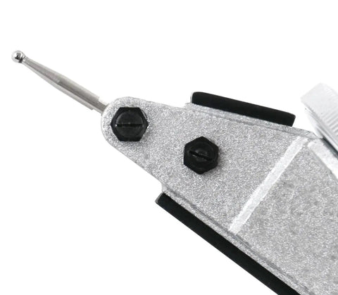 Close-up of tungsten carbide points on Horizontal Test Indicator with 1.5 Inch Dial 0.060 Inch Range 0.0005 Inch Resolution Jeweled Movement.