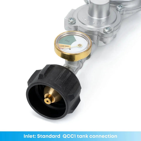 Horizontal Two Stage Propane Regulator With Gauge, Type 1 QCC1, 3/8 Inch Female NPT, close-up of gauge and connector.