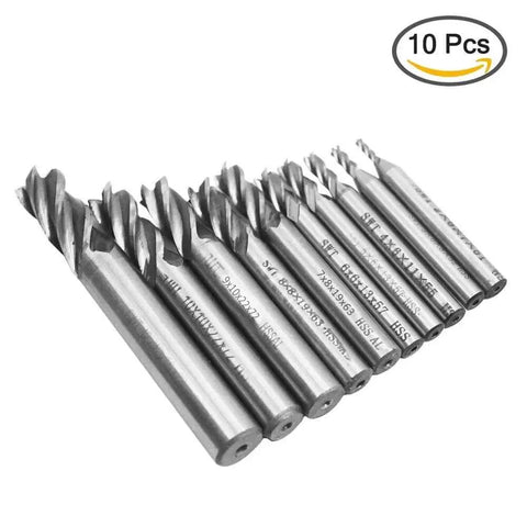 End Mill Set For CNC Routing 10 Pc Sizes From 0.08 Inch To 0.47 Inch 4 Flute HSS Straight Shank Cutter Bits