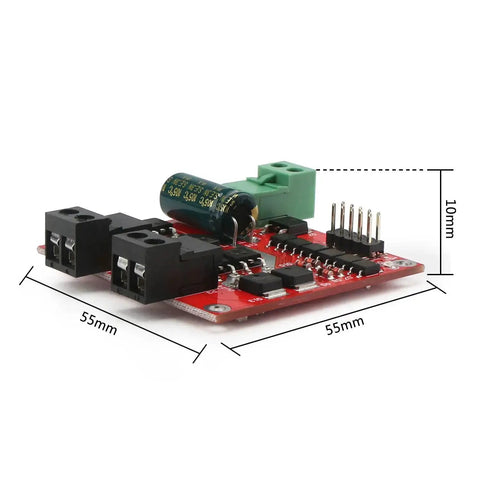 Dual H Bridge DC Motor Driver for two motors, PWM speed controller 6.5V to 27V, 7A per channel, 160W peak power, side view