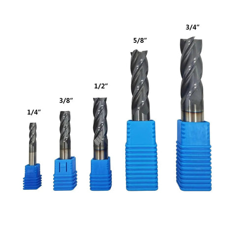 Five Piece Carbide Square End Mill Set In 1/4, 3/8, 1/2, 5/8, And 3/4 Inch Sizes, 4 Flute, Single End, AlTiN Coated