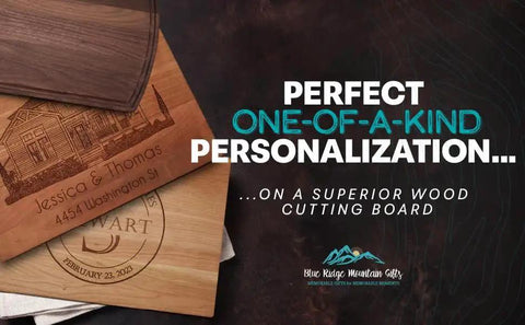 Personalized Wood Cutting Board With Gift Box, Stand, And Oil Included For Weddings, Anniversaries, Birthdays Or Mothers Day, Laser Engraved And Custom Engraved In Cherry, Maple, Or Walnut For Her By Blue Ridge Mountain Gifts showing detailed engravings and text highlighting customization options.