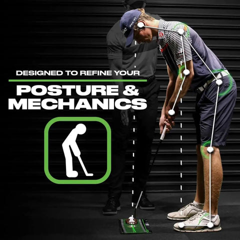 Golfer using Dual Sided Golf Putting Mirror And Alignment Tool For Indoor And Outdoor Practice That Refines Posture Eye Line And Putter Path