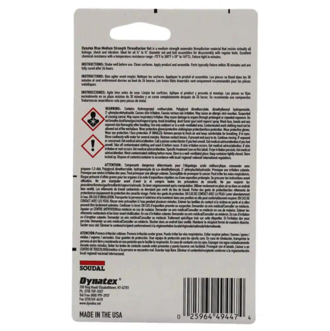 Back view of Blue Medium Strength Gel Threadlocker 0.20 Ounce Bottle packaging with instructions and safety warnings visible.