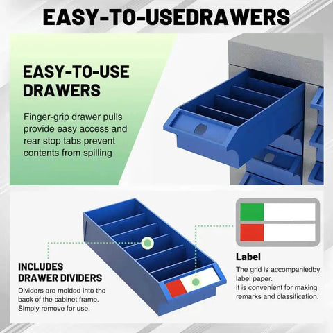 Close-up of Heavy Duty 75 Drawer Parts Cabinet with adjustable ABS drawers, label tabs, and dividers for nuts, bolts, screws.