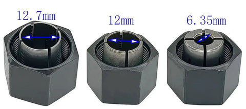 Three collets from Router Collet And Nut Set With Reducer Sleeves 6 Piece Kit Includes 1/4 Inch 1/2 Inch And 12 mm Collets