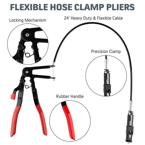 9 Piece Hose Clamp Pliers Set Long Reach Tool Kit with flexible wire long reach pliers and red rubber handles, close-up view.