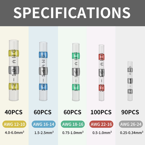 Solder-seal heat-shrink wire connectors kit specifications chart with 5 sizes and counts: 40, 60, 60, 100, 90 pcs.