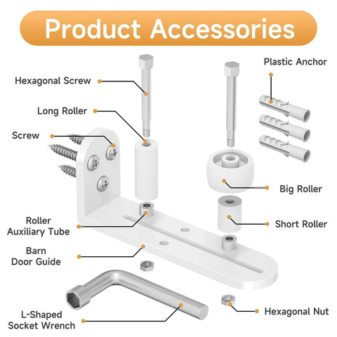 Exploded view of 2 Pack Sliding Barn Door Floor Guide With Adjustable Rollers Durable Aluminum Barn Door Hardware components