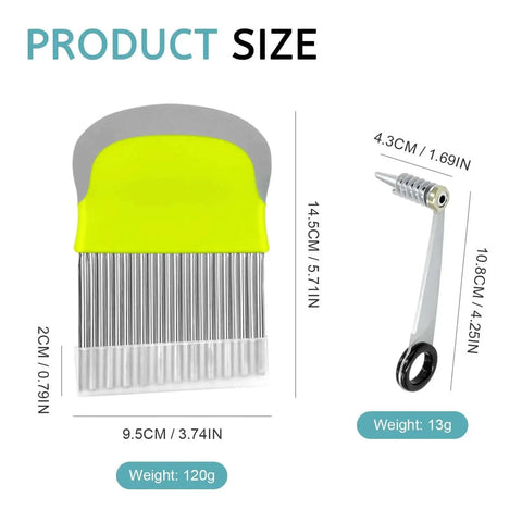 Dope Two In One Spiral Slicer And Crinkle Cutter For Veggies And Fries Stainless Steel Kitchen Tool Set with dimensions shown