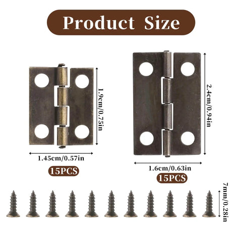 Small Hinges For Wooden Boxes And Cabinets, 30Pcs Brass Bronze Polished 180 Degree Butt Hinges With Screws, two sizes shown