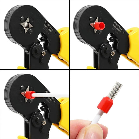 Crimping tool with 100 Pcs 4 AWG Ferrule Connectors Ends Insulated Cable Ferrule Crimp Terminal Kit demonstrating use on wire