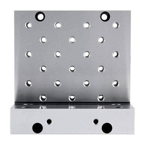 Front view of Rugged Machinist Grade 6x6x4 Inch Precision Angle Plate with tapped holes, solid one-piece steel, ground flat to .0002 inch.