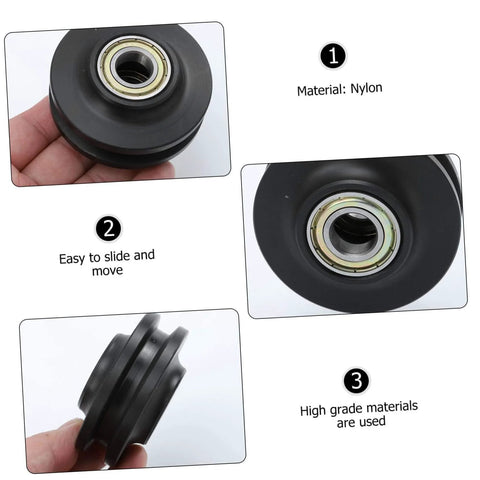 Close-up of Premium Barn Door Hanging Pulley Wheel Kit With Bearing For Smooth Sliding Doors showing nylon material and features