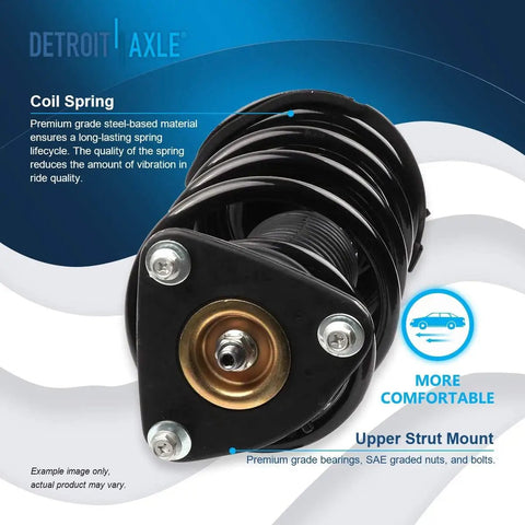 Close-up of front strut with coil spring from Front Steering Knuckles With Wheel Hub Bearings And Front Struts With Coil Springs Assembly For 2012 2013 Ford Focus 2.0L Replacement Kit Includes Two Knuckles Two Hub Bearings And Two Struts Drop In Ready.