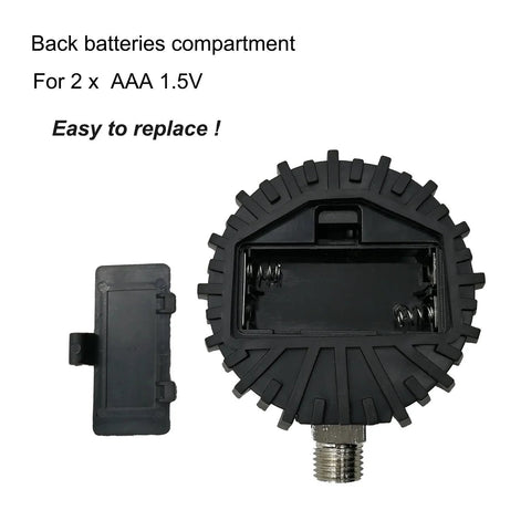 Uharbour digital tire pressure gauge; black round device with rubber protector and 1/4'' NPT bottom connector