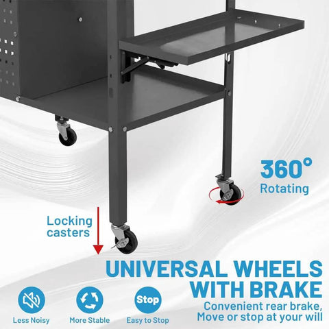 36 By 24 Inch Welding Table With Wheels Mobile Steel Workstation close-up of locking casters and rear brake