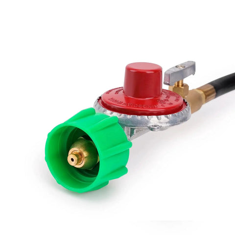 Close-up of High Pressure 10 PSI Propane Regulator Hose Assembly With 48 Inch Hose And Flow Regulating Brass Valve For Type 1 QCC1 Connections
