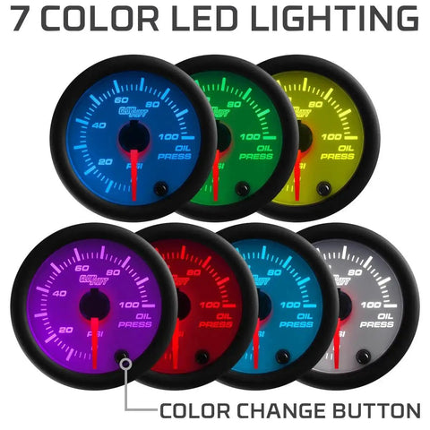 White 7 Color Oil Pressure Gauge Kit showing 7-color LED lighting with red illuminated needles, for cars and trucks, 0-100 PSI readings.