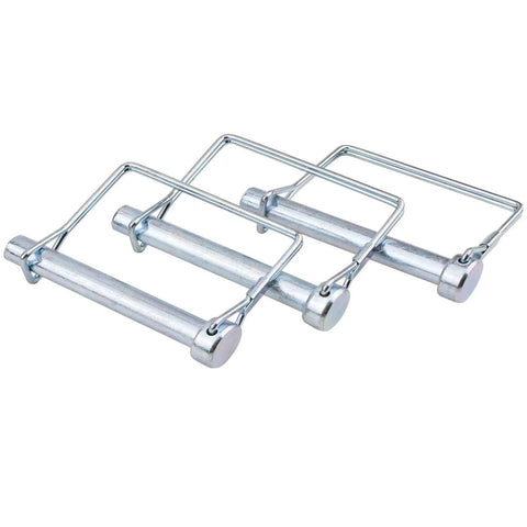 Front view of Eight Pack 3 Eighths Inch By 4 Inch Trailer Coupler Pins Heavy Duty Wire Lock Pins for Towing Hitch Secure PTO Shaft Locking Pin Fits Trailers RVs Boats Farm Equipment, showing metal construction and locking mechanism.