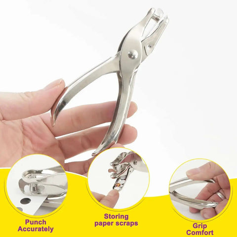 Handheld One Quarter Inch Single Hole Paper Punch With Built In Mess Free Waste Tray Eight Sheet Capacity
