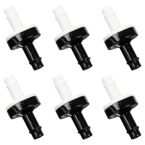 Six 1/4 in inline check valves with white plugs and black ABS plastic barb fittings for liquids and air systems