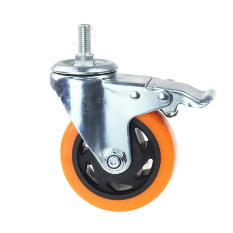 Front view of heavy-duty swivel caster with 3-inch orange PVC wheel and threaded stem