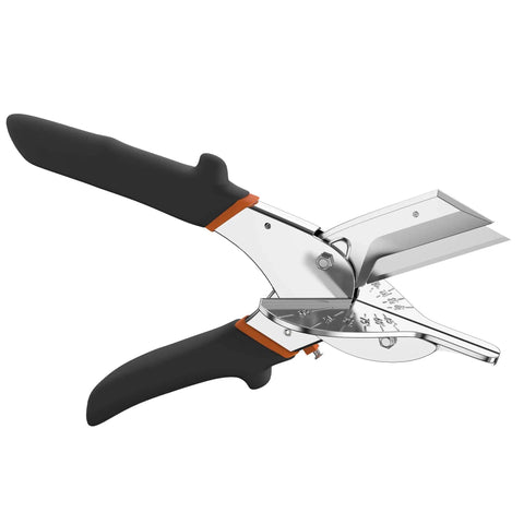 Multi-angle miter shear cutter set adjustable 45 to 135 degrees with aluminum handle, shown with blades open for cutting.