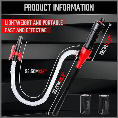 Electric Hand Pump Portable Battery Powered Transfer Pump Multi Use Siphon Liquid Extractor For Gasoline Diesel Fuel And Water Transfer Lightning Fast 2.2 GPM Siphon With Locking Clip For Easy Refill On Roadside Or At Home, shown with dimensions and battery slots.