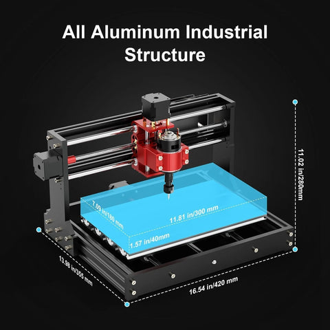Upgraded Metal Z Axis Desktop CNC Router For Engraving And Milling with all aluminum structure, 300mm x 180mm x 40mm working area shown