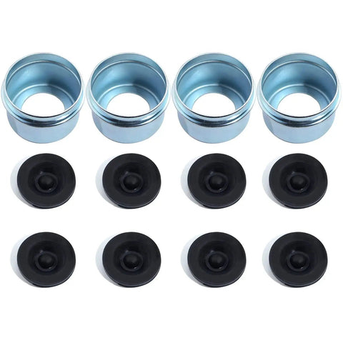 4 Pack 1.98 Inch Trailer Hub Caps with Eight Rubber Plugs and Four Spare Seals, bolted metal wheel bearing dust caps, zinc-plated