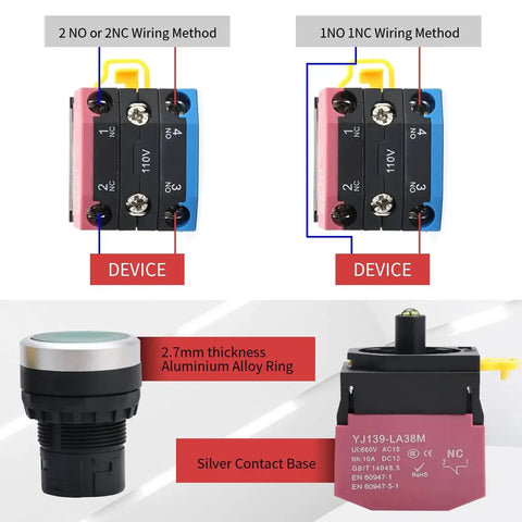 22mm Latching Push Button Switch With Green LED Metal Head Plastic Body 110V AC DC 1NO 1NC DPST Self Locking 10A with wiring diagram