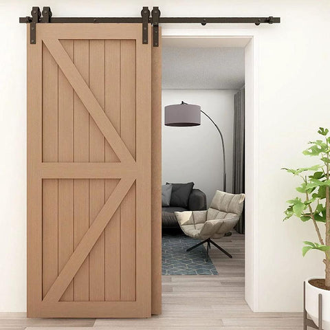 Beefy 11Ft Bypass Barn Door Hardware Kit For 66 Inch Double Doors, sliding wood track system in modern interior setting.