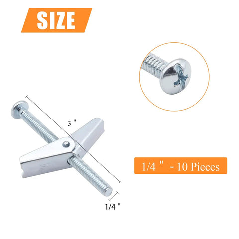 10 Pack One Quarter Inch Toggle Anchors for Drywall with Zinc Plated Steel Bolts Screws and Anchors Heavy Duty Wall Mounts