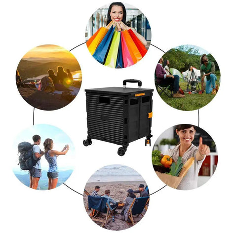 Foldable Utility Cart With 4 Rotating Wheels And Braking Rear Wheels shown with various lifestyle uses like shopping and travel.