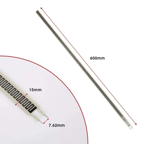 SF15-600 thin-film pressure sensor strip, 600 mm long, 15 mm wide, FSR for medical wearables, diagonal view.