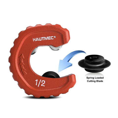 Pro Half Inch Automatic Copper Tube Cutter From HAUTMEC For Copper Aluminum Brass Tubing And Thin Wall Conduit With Half Inch Nominal Pipe Capacity Delivers Smooth Burr Free Cuts And Easy In Tight Spaces HT0215PL, showing red cutter with spring-loaded blade.