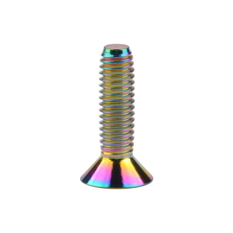 Single Titanium M4x15mm Countersunk Flat Head Hex Socket Cap Screw with multicolor finish standing upright