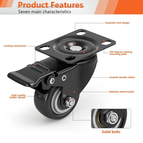 2 Inch Heavy Duty PU Caster Wheels Set of 4 With 2 Swivel Casters With Brakes showcasing locking mechanism and rubber wheel
