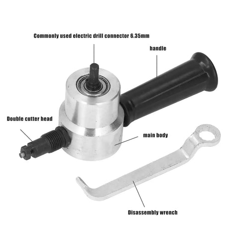 Electric Double Head Metal Sheet Nibbler Cutter with handle and wrench for aluminum, stainless steel, copper, and iron cutting.