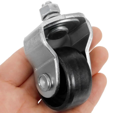 2 Piece Front Wheels Swivel Trailer Jack Replacement in hand, showing black steel caster for heavy-duty car jack accessories.