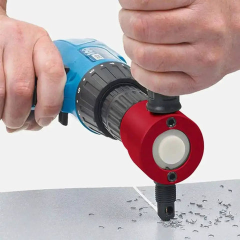 Hands using Pro Grade Sheet Metal Nibbler Cutter For Drills 360 Degree Adjustable Cutting Tool Kit With Wrench on metal sheet