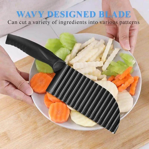 Crinkle Potato Cutter with Wave Blade Stainless Steel Handheld Slicer shown slicing crimped vegetables on a plate.
