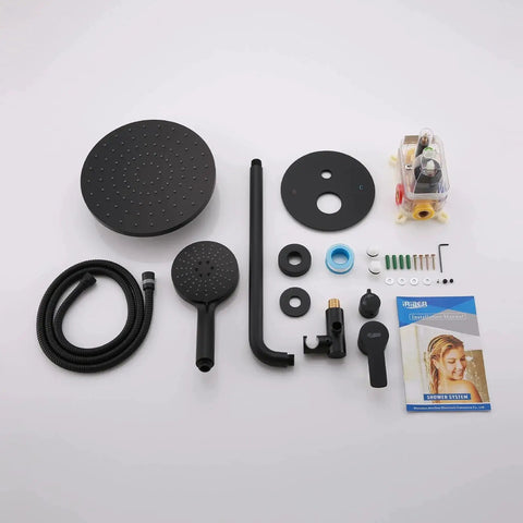 Matte Black Shower System With Wall Mounted Shower Mixer And Top Notch High Pressure Rain Shower Head Plus Three Setting Handheld Concealed Installation Trim Kit With Pressure Balance Valve Brass Arm 16 Inch Brass Shower Arm 1.5M Stainless Steel Hose components displayed