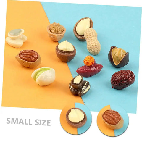 Miniature Resin Nut Ornaments Set For Dollhouse Food Decor displayed on orange and blue surface