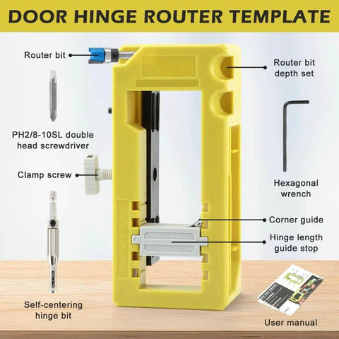 All In One Door Hinge Installation Kit With Router Template For 3 To 5 Inch Doors And 1/4 Or 5/8 Inch Thickness Includes Router Bit Self Centering Hinge Bit Double Headed Screwdriver And Easy To Follow User Manual Green, showing components labeled.