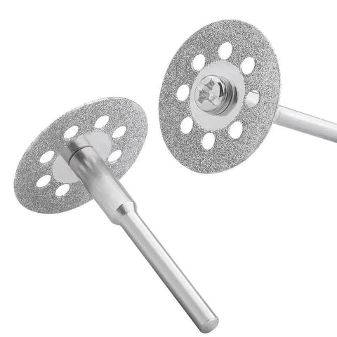 Diamond Cutting Wheel Set For Rotary Tools 22mm Discs 0.6mm Thick, close-up of two wheels and mandrel, EZ545 544 Replacement Compatible.