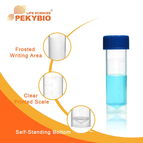 PEKYBIO 5mL sterile plastic graduated test tubes with blue screw-cap, frosted writing area, self-standing bottom, case of 50.
